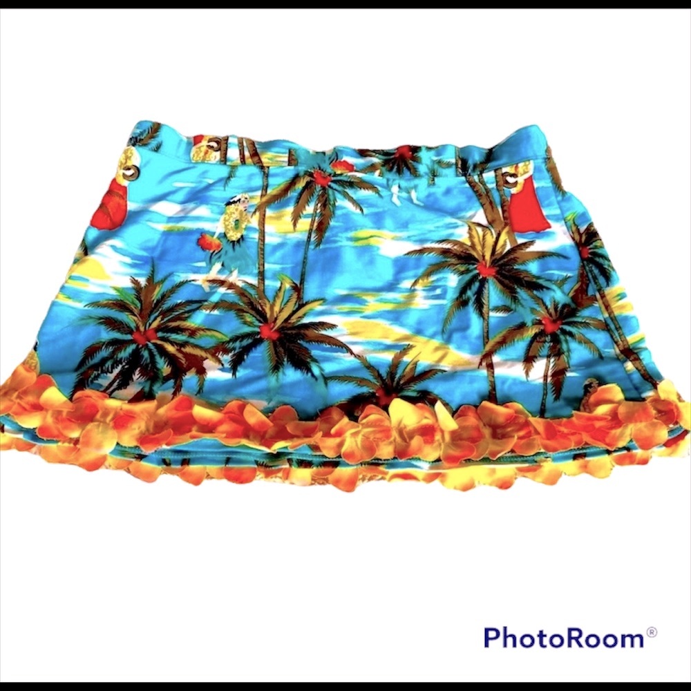 Y2K Letarte Nylon Spandex Tropical Mini Skirt with Hula Dancers and Flower Lei